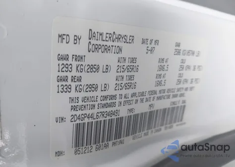 2007 Dodge Grand Caravan Sxt from USA, damaged, VIN 2D4GP44L67R348491